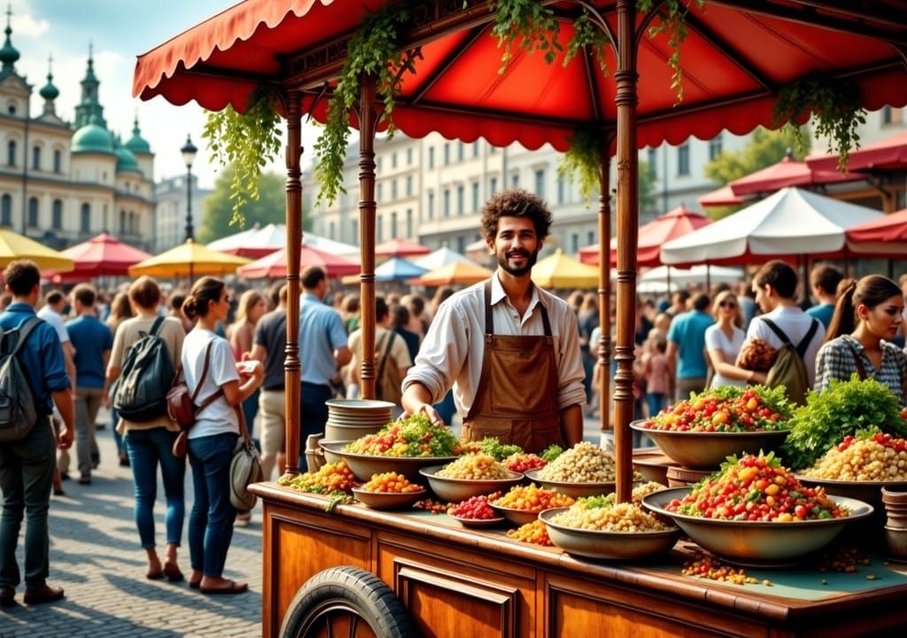 Saint Petersburg Market with Vegan Food in Watercolor Style