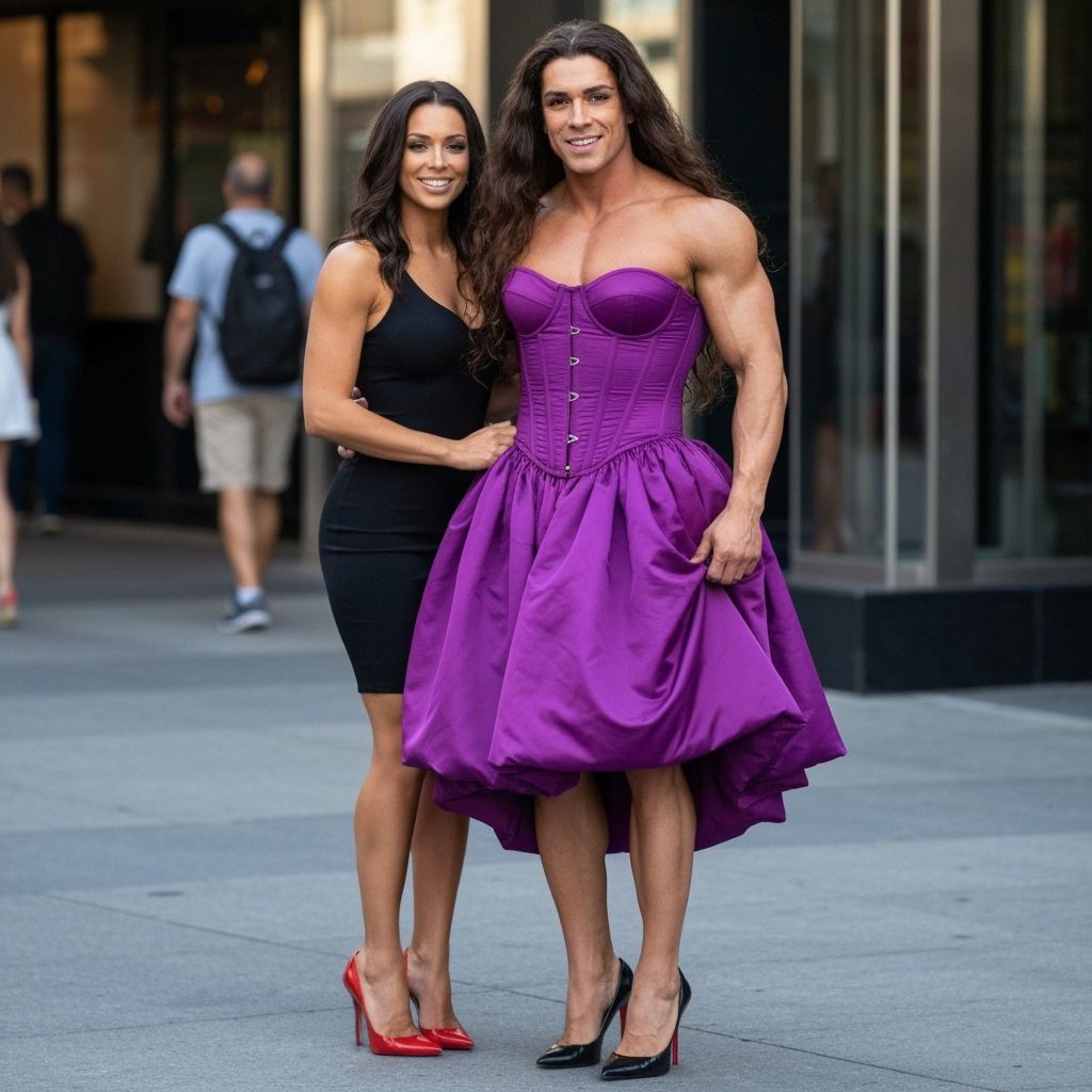 Muscular Man in Purple Dress with Feminine Features