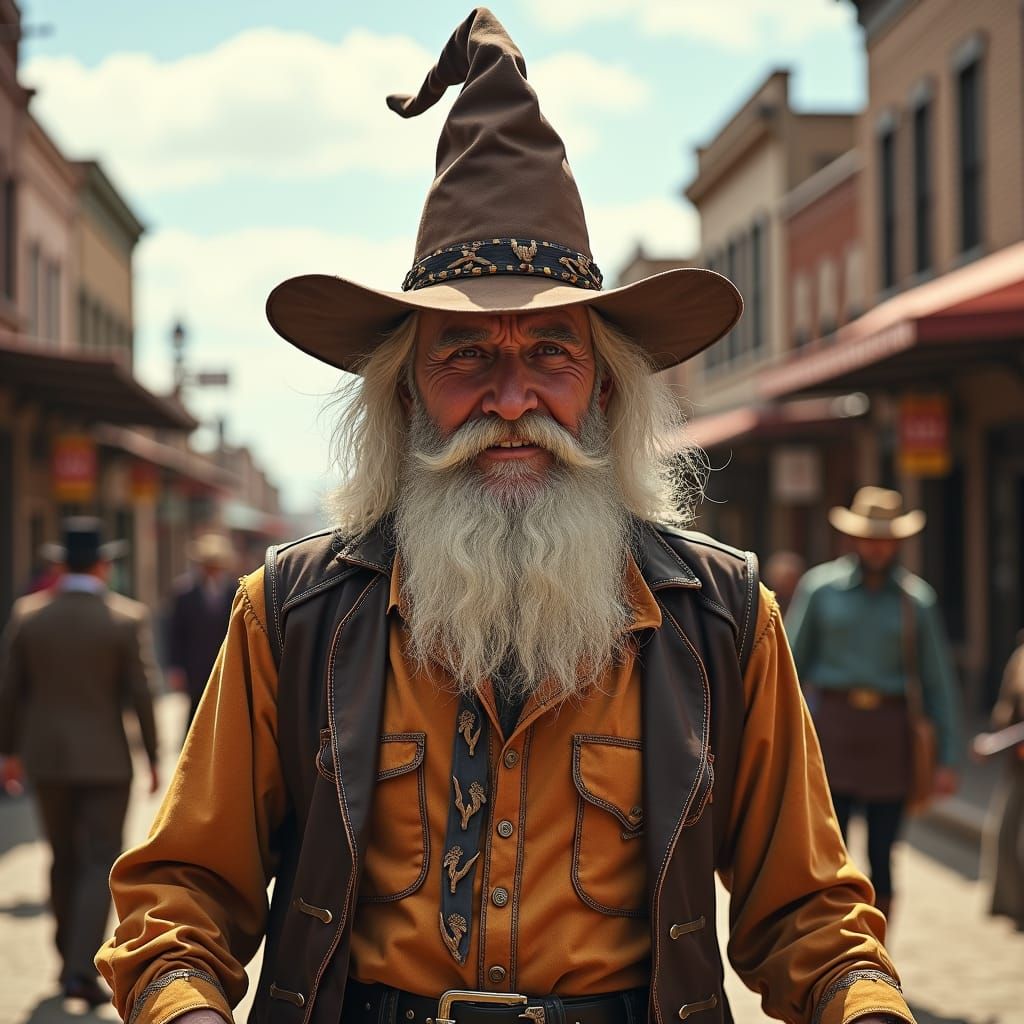 a whimsical wizard dressed up as a cowboy in old dodge city