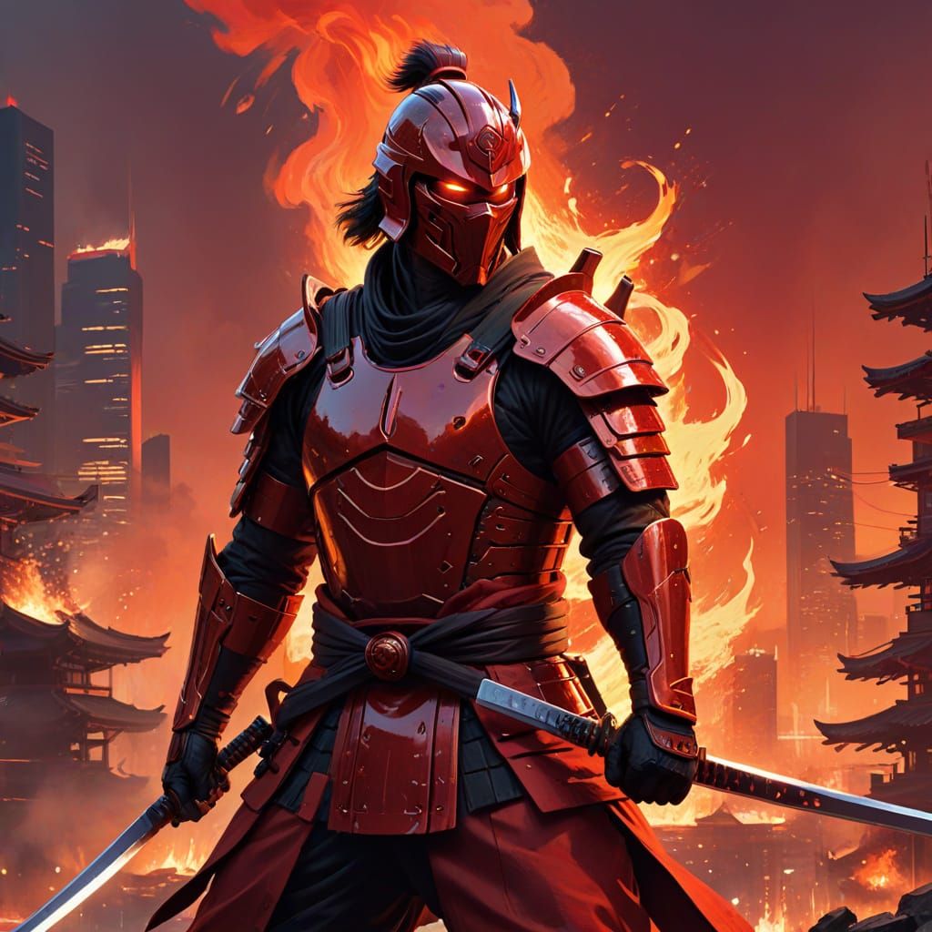 Futuristic Samurai Warrior in Burning Cityscape