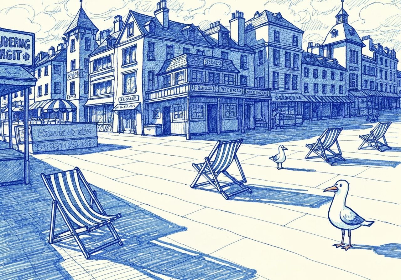 Whimsical British Seaside Resort Blue Biro Doodle