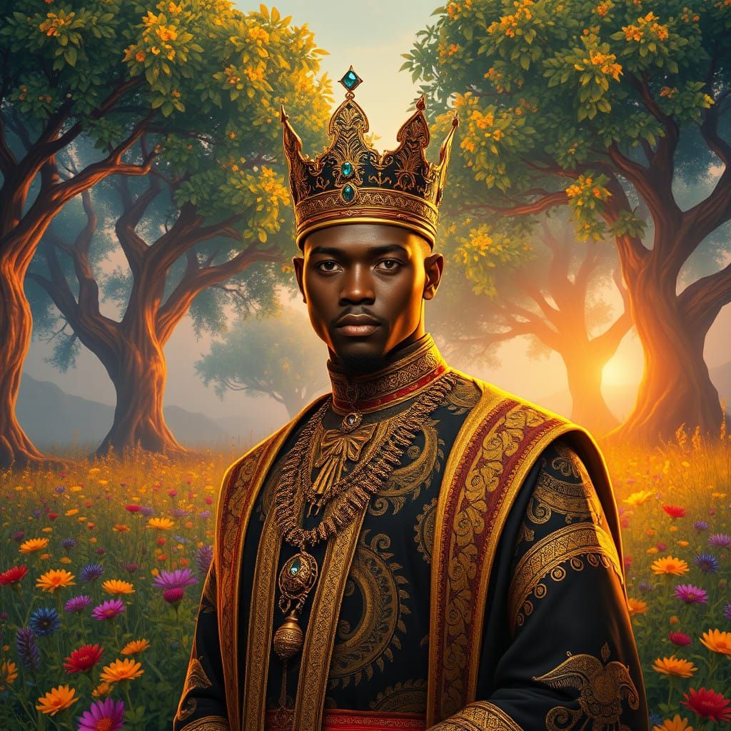 Regal Ebony Prince in Vibrant Fantasy Landscape