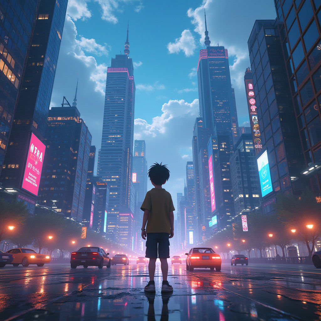Boy Gazing at Futuristic Cityscape in Anime Style