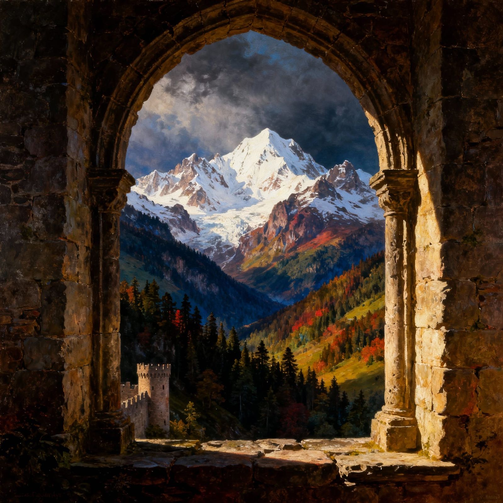 Epic Northern Mountain Vista Through Castle Window