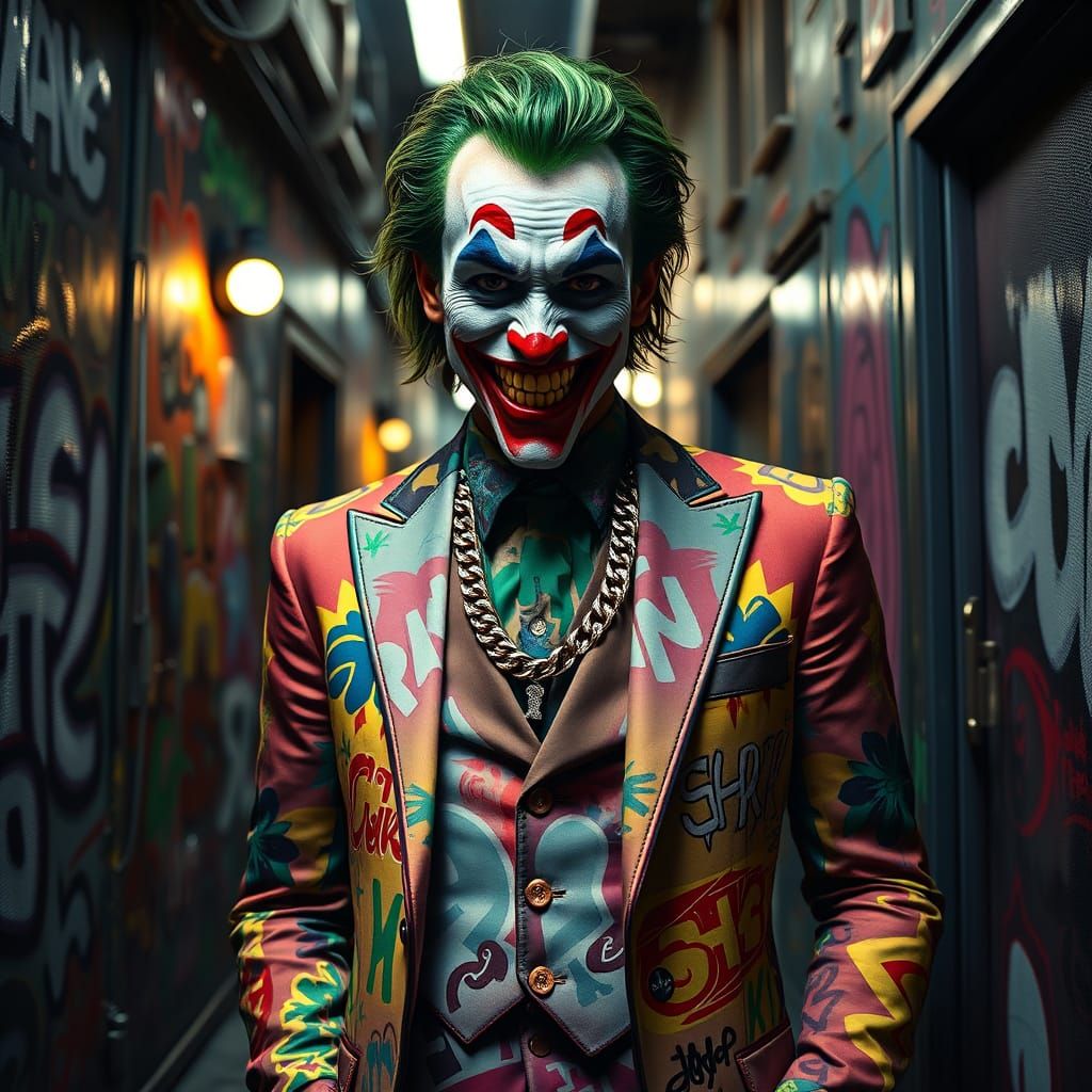The Joker in a Bold, Graffiti-Printed Suit, Blending Urban C...