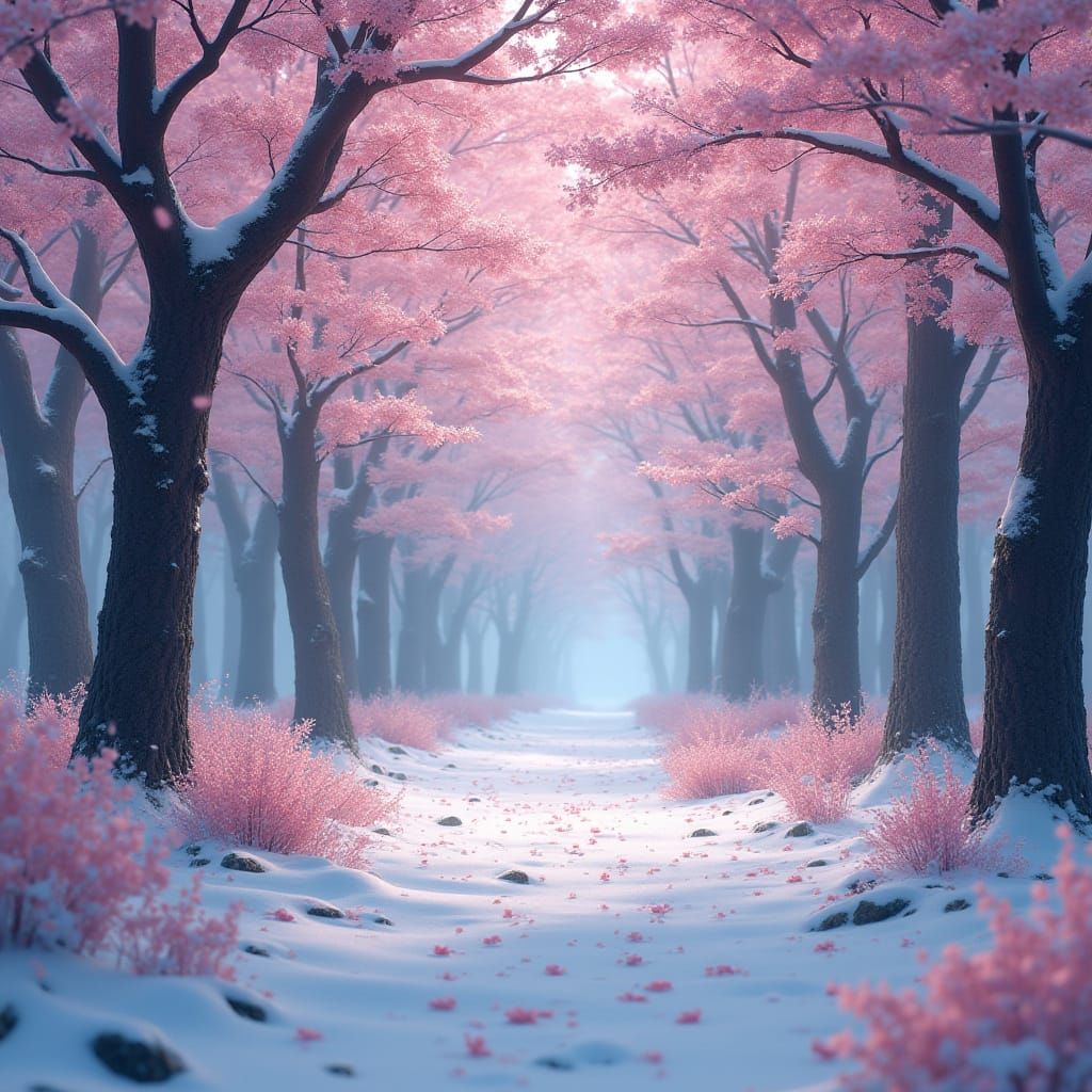 Snowy Cherry Blossoms in Atmospheric Matte Painting