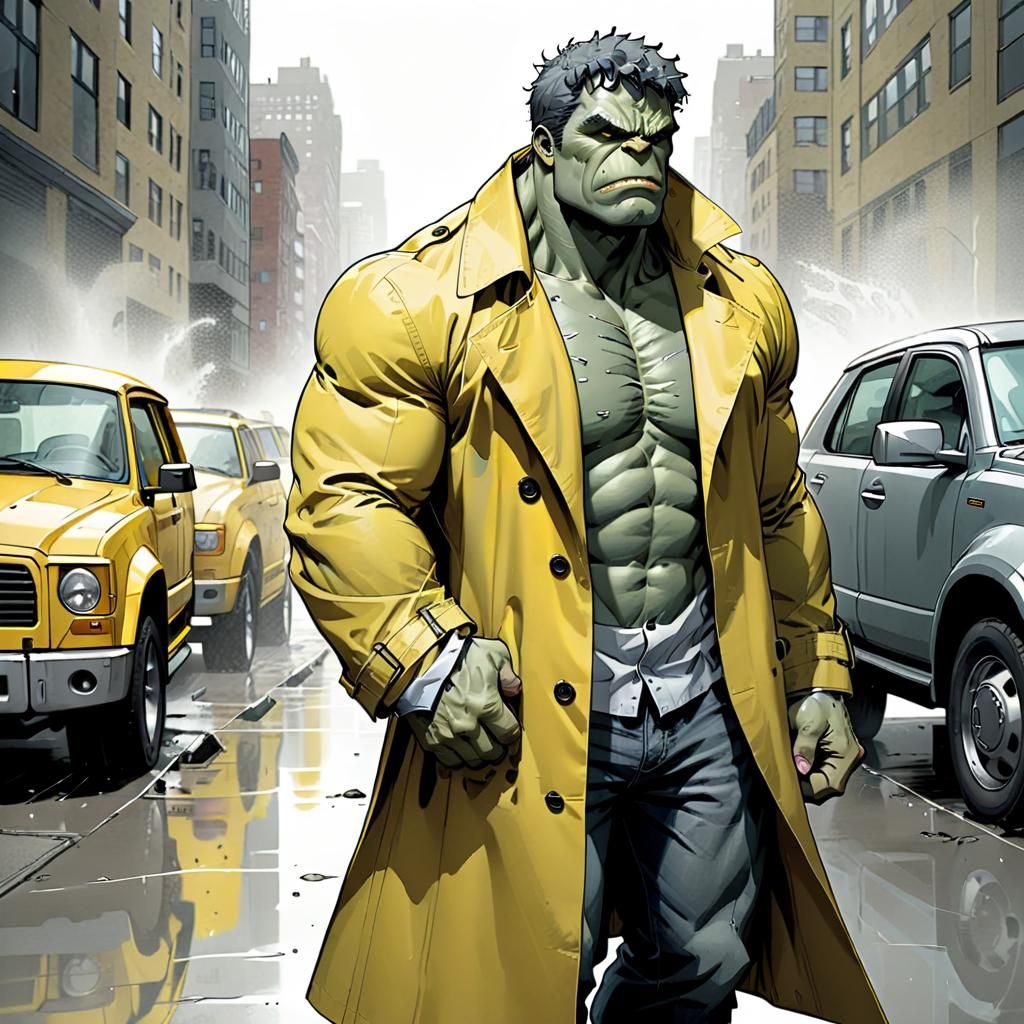 Grey Hulk in Yellow Trench Coat Comic Art