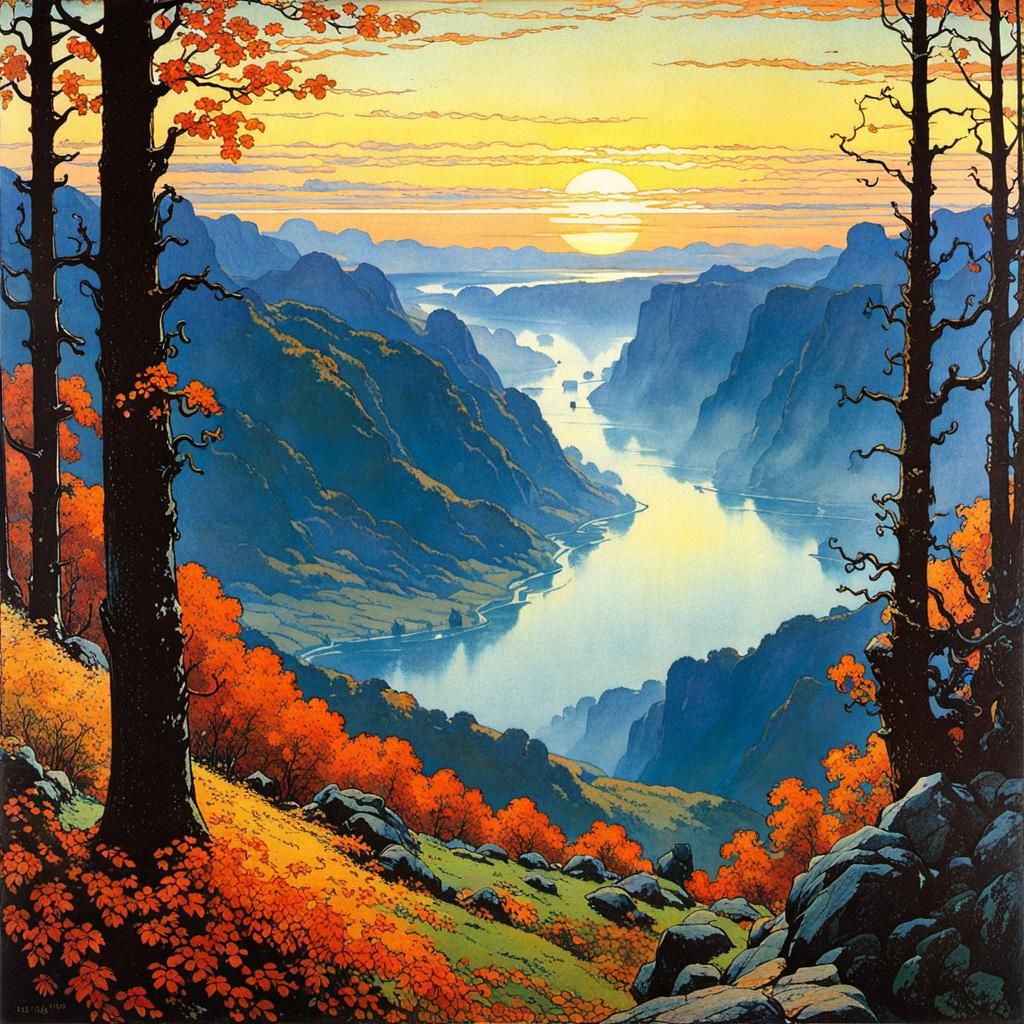 Misty Autumn River Valley: Art Nouveau Illustration