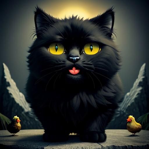 Giant Fluffy Cat with Tiny Chick: Surreal 3D Render