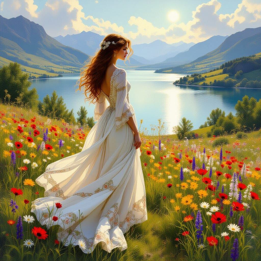 Ethereal Woman in Meadow: A Pre-Raphaelite Vision