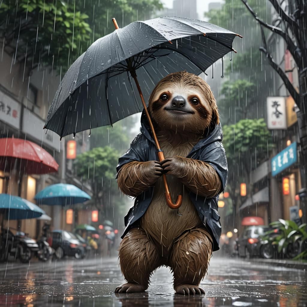 Sloth in Rain with Umbrella in 3D Anime Style