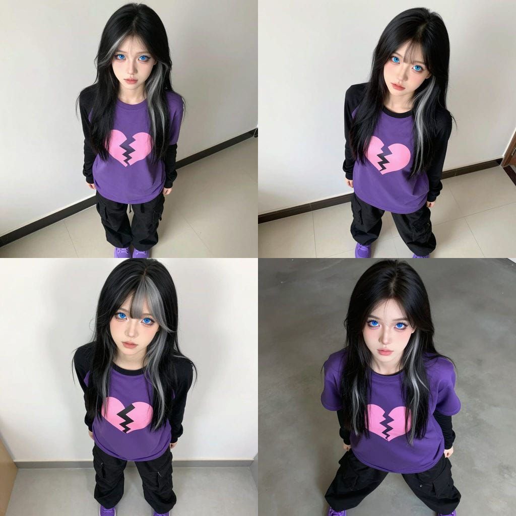 Woman with Black Hair and Blue Eyes in Purple and Black Outf...