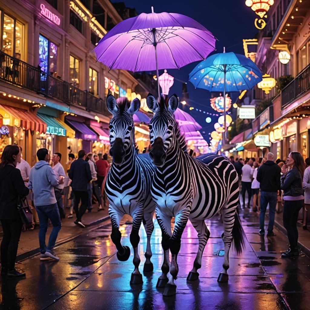 Zebras Under Violet Umbrellas: A Whimsical Polychromatic Nig...