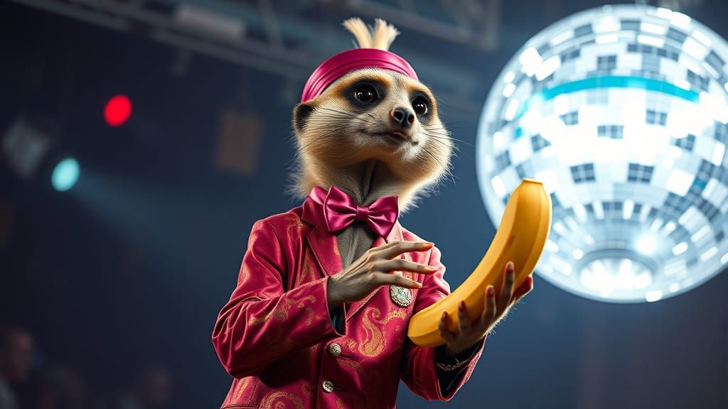Elegant Meerkat Juggles Bananas Under Disco Ball