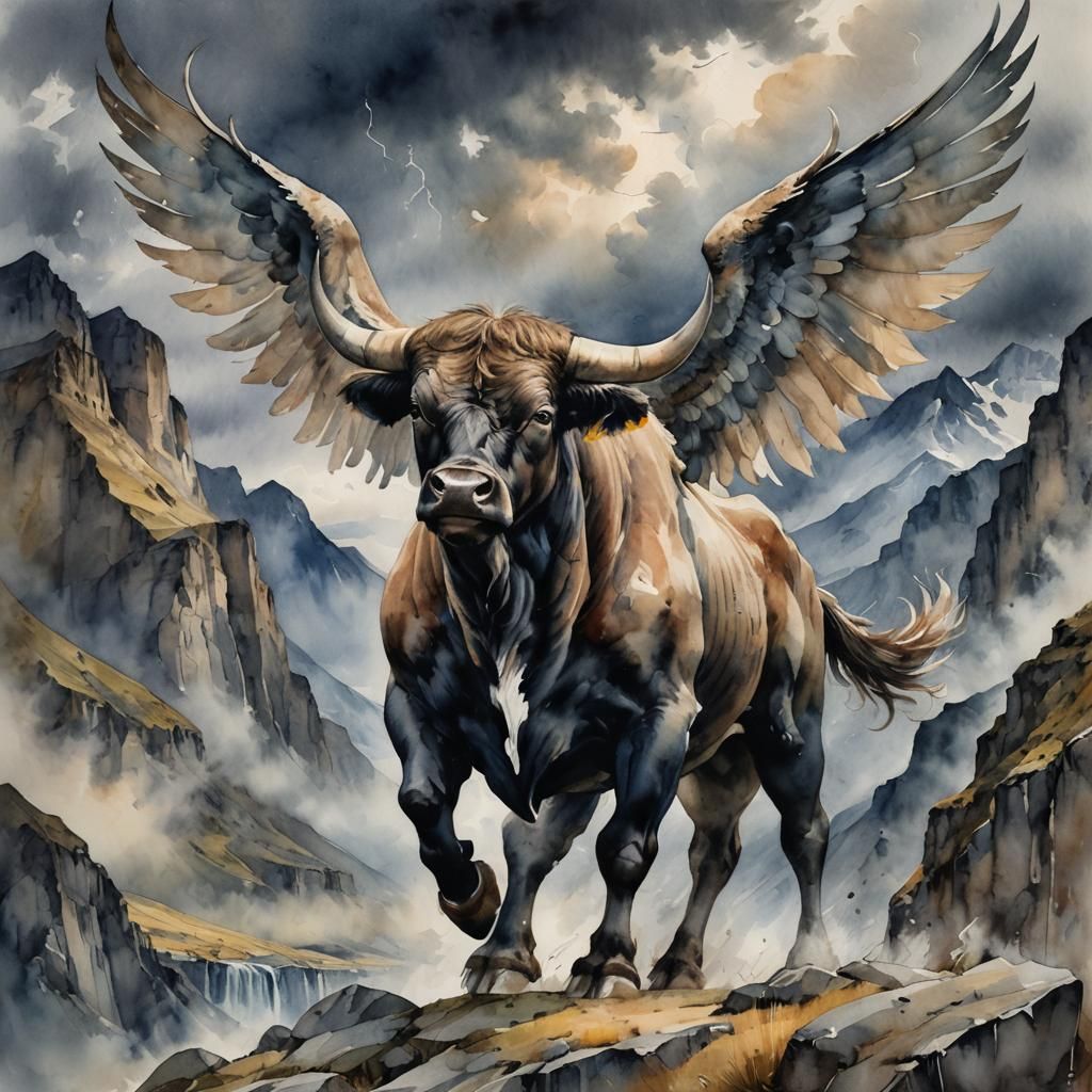 Watercolor Bull with Angel Wings Over Mountains
