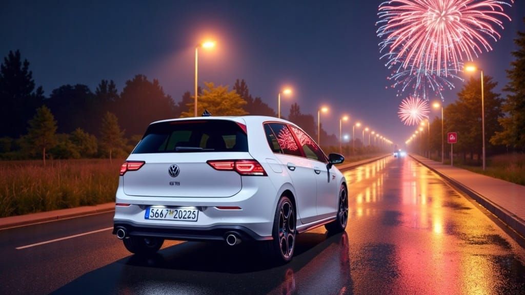 Surreal Nighttime Scene of 2025 VW Golf GTI in Oryx White Pe...