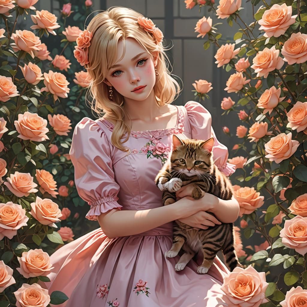 Blonde Beauty with Tabby Cat and Roses in Anime Style