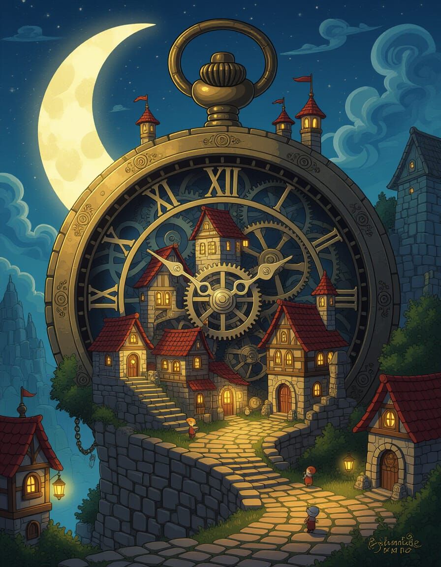 Whimsical Village in Giant Pocket Watch