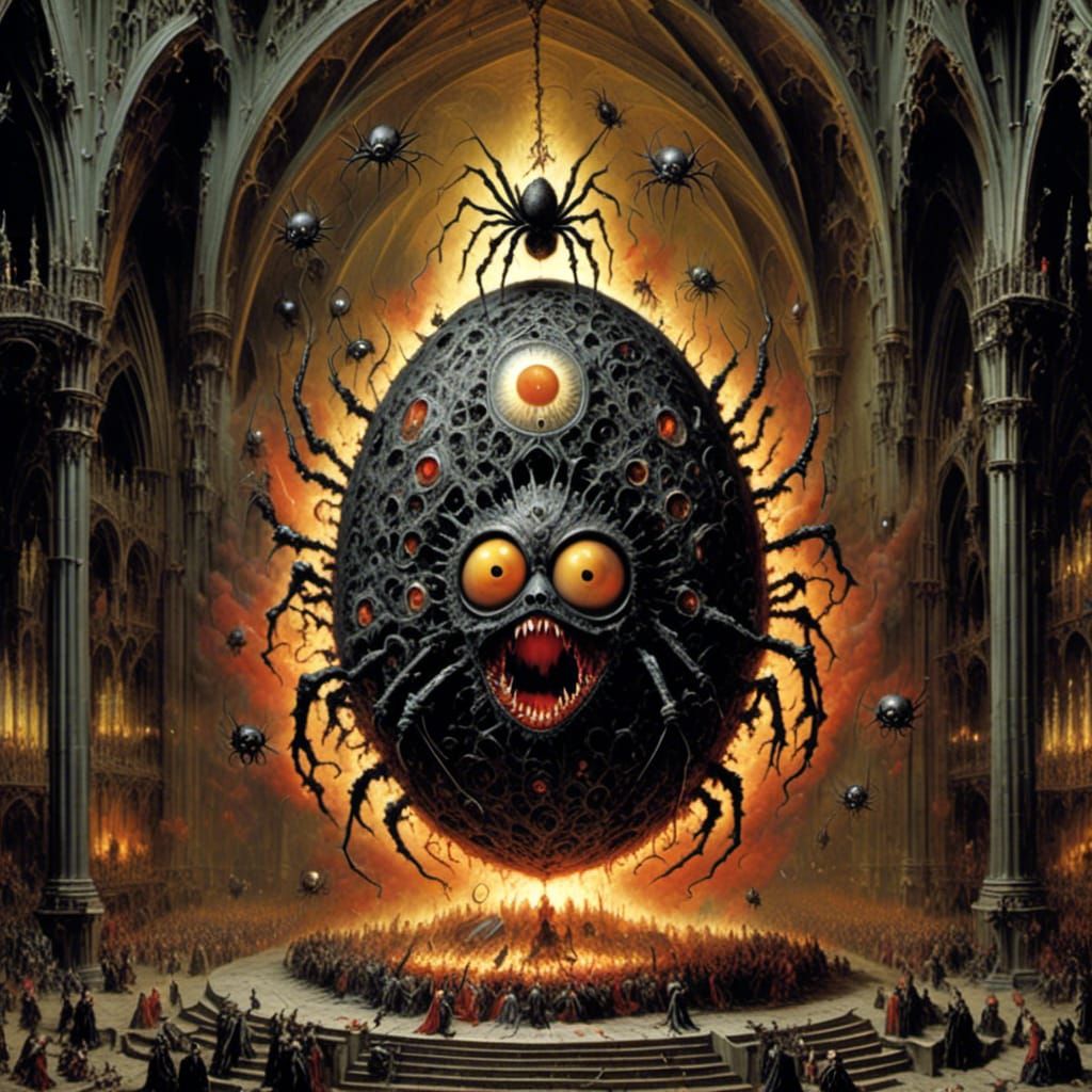 Gothic Flaming Egg in Cathedral with Spiders