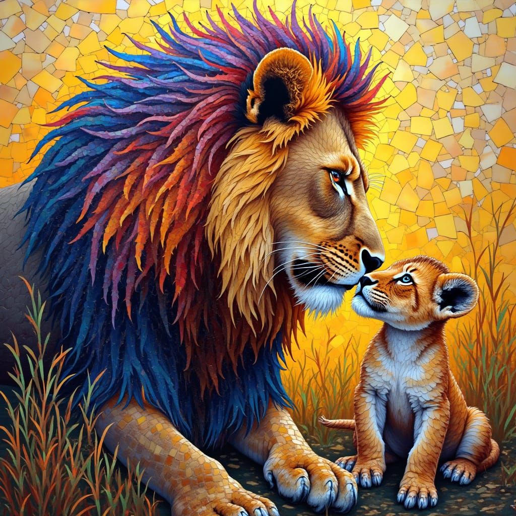 Rainbow Lion and Cub Embrace in Vibrant Mosaic Art