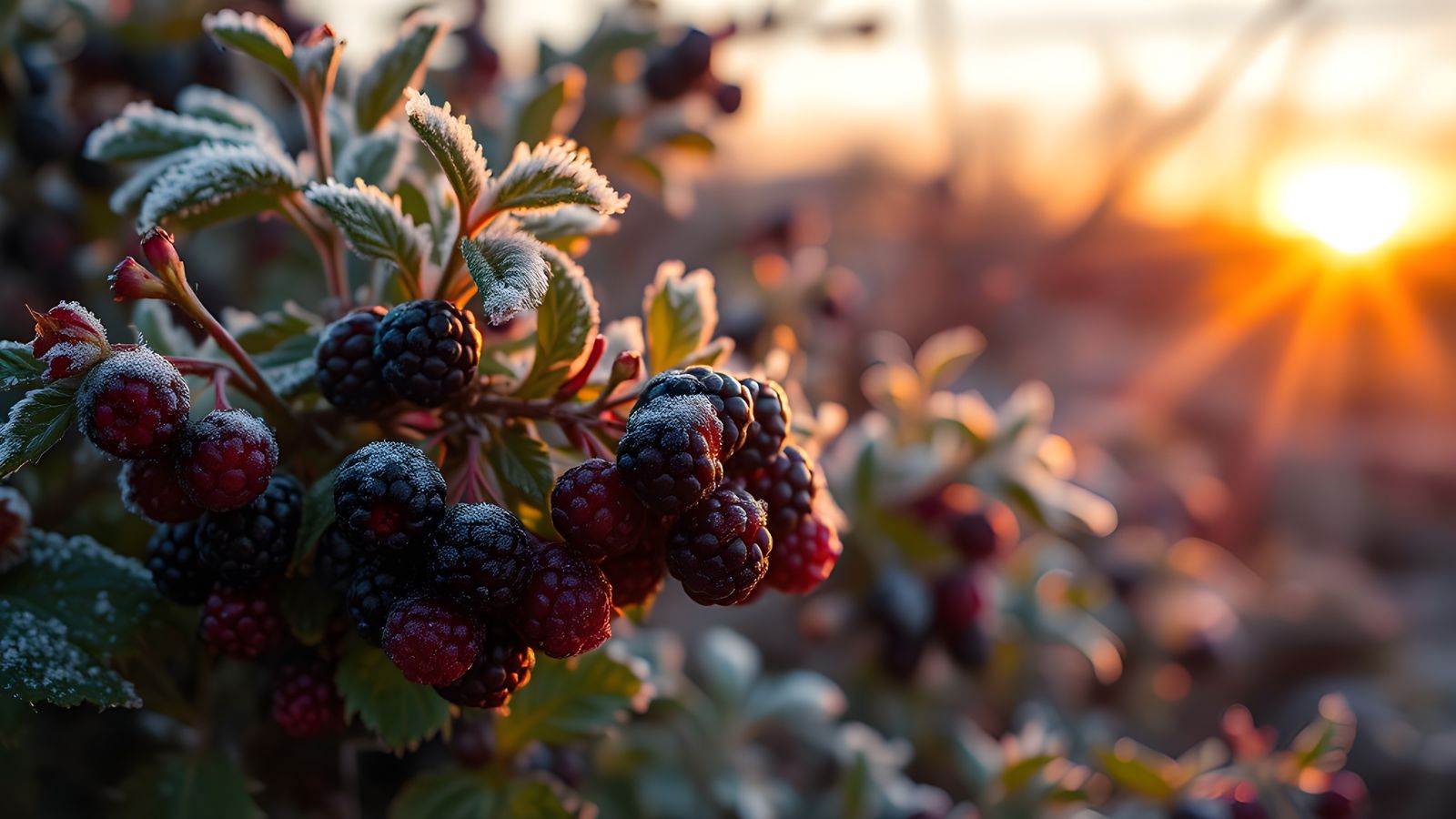 Frozen Blackberry Bush at Dawn: Award-Winning Photography