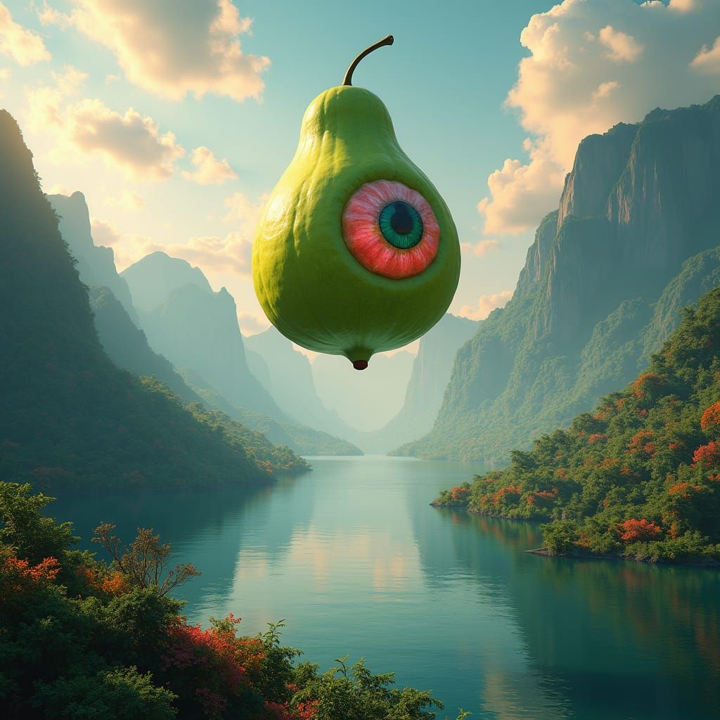 Guava Fruit with Iridescent Eye in Mountain Landscape
