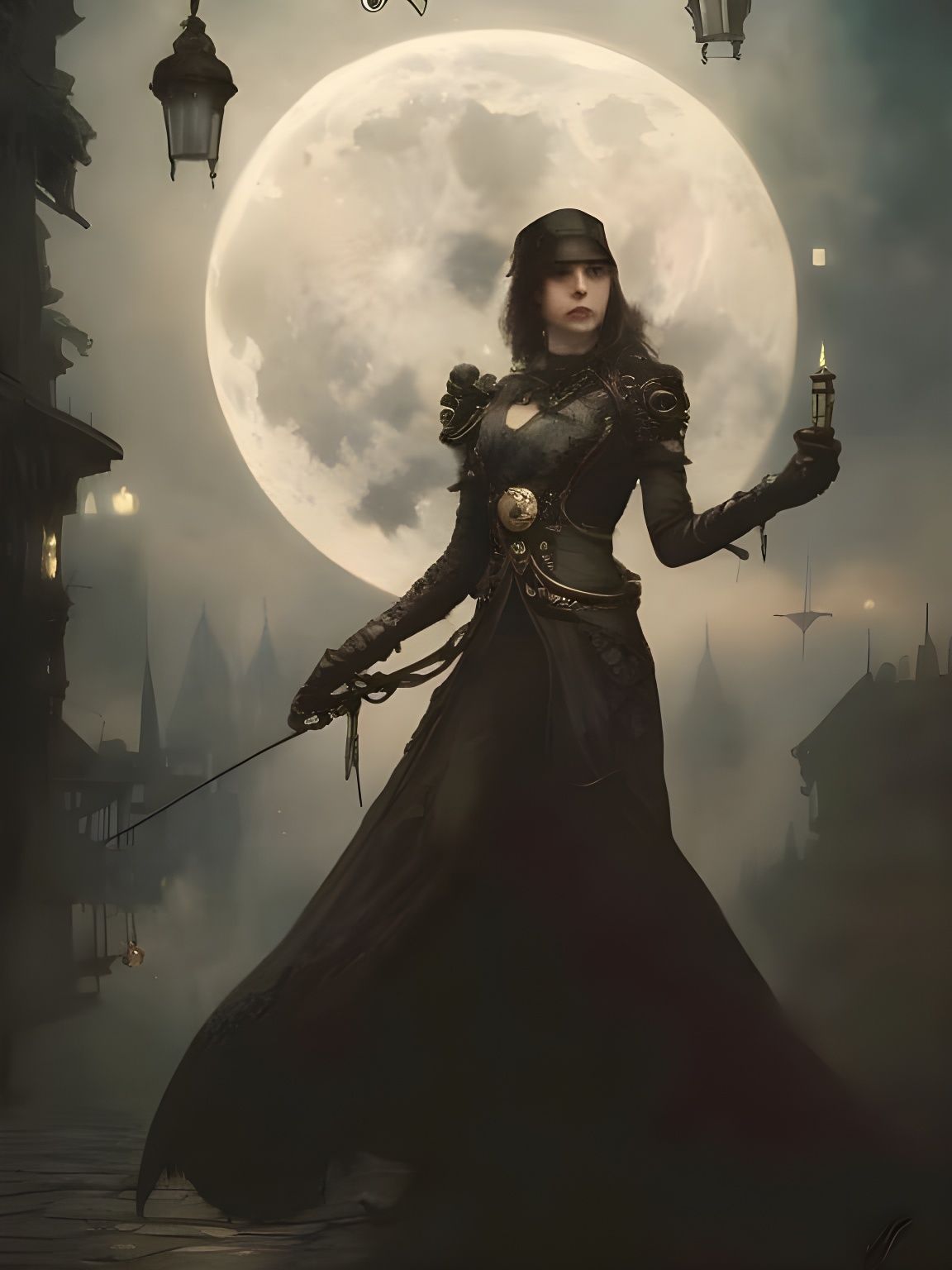 Steampunk Woman Portrait with Moon in Dark Oil Painting Styl...