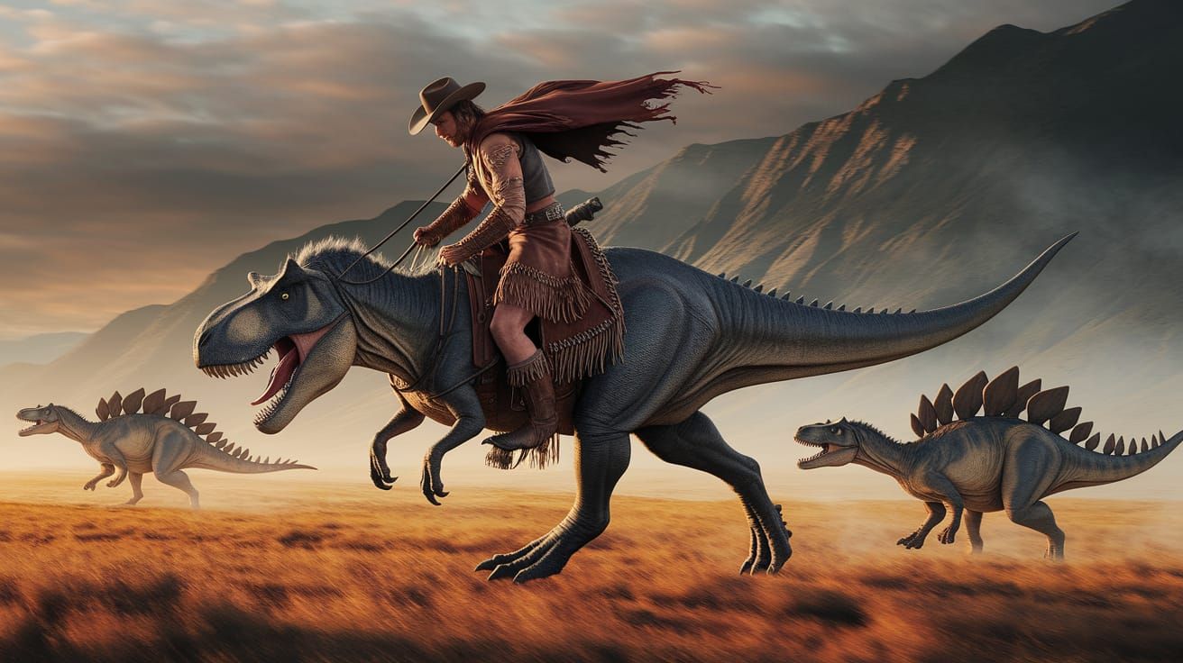 Cowboy Rides Tyrannosaurus Rex in Dark Fantasy Style