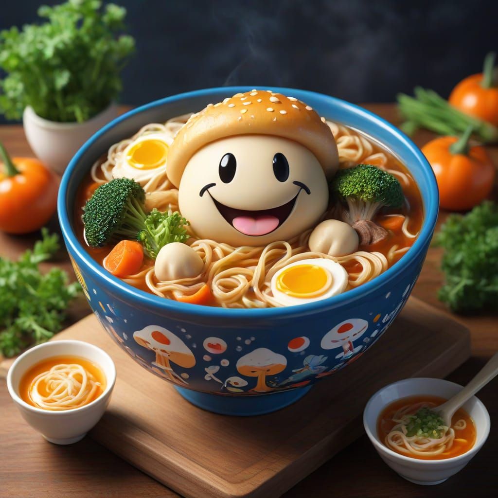Cheerful Mushroom in Whimsical Ramen Scene
