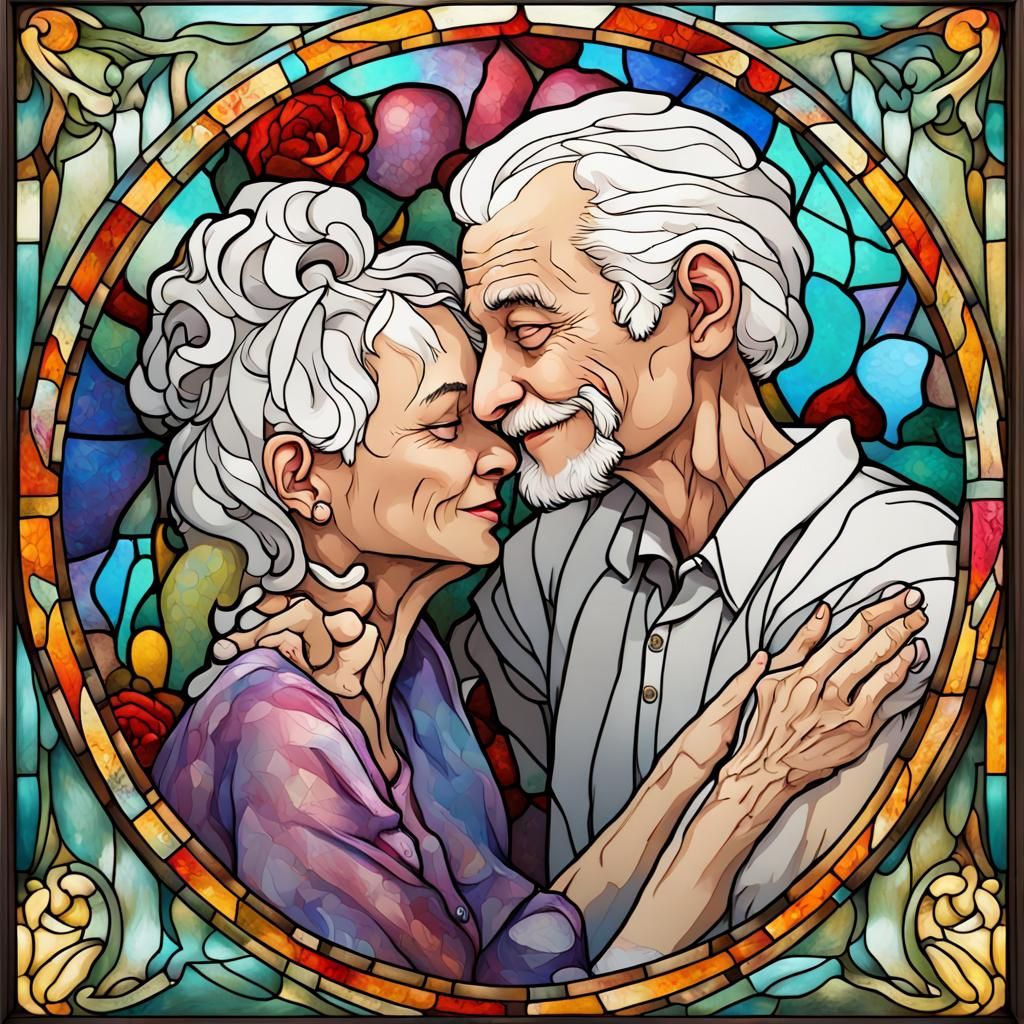 Stained Glass Anniversary Kiss in Art Nouveau Rococo Style
