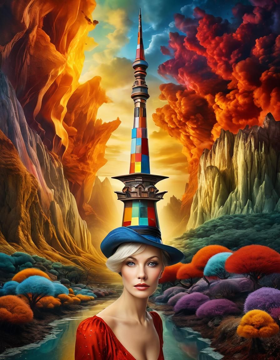 beautiful lady wearing a surreal tower hat