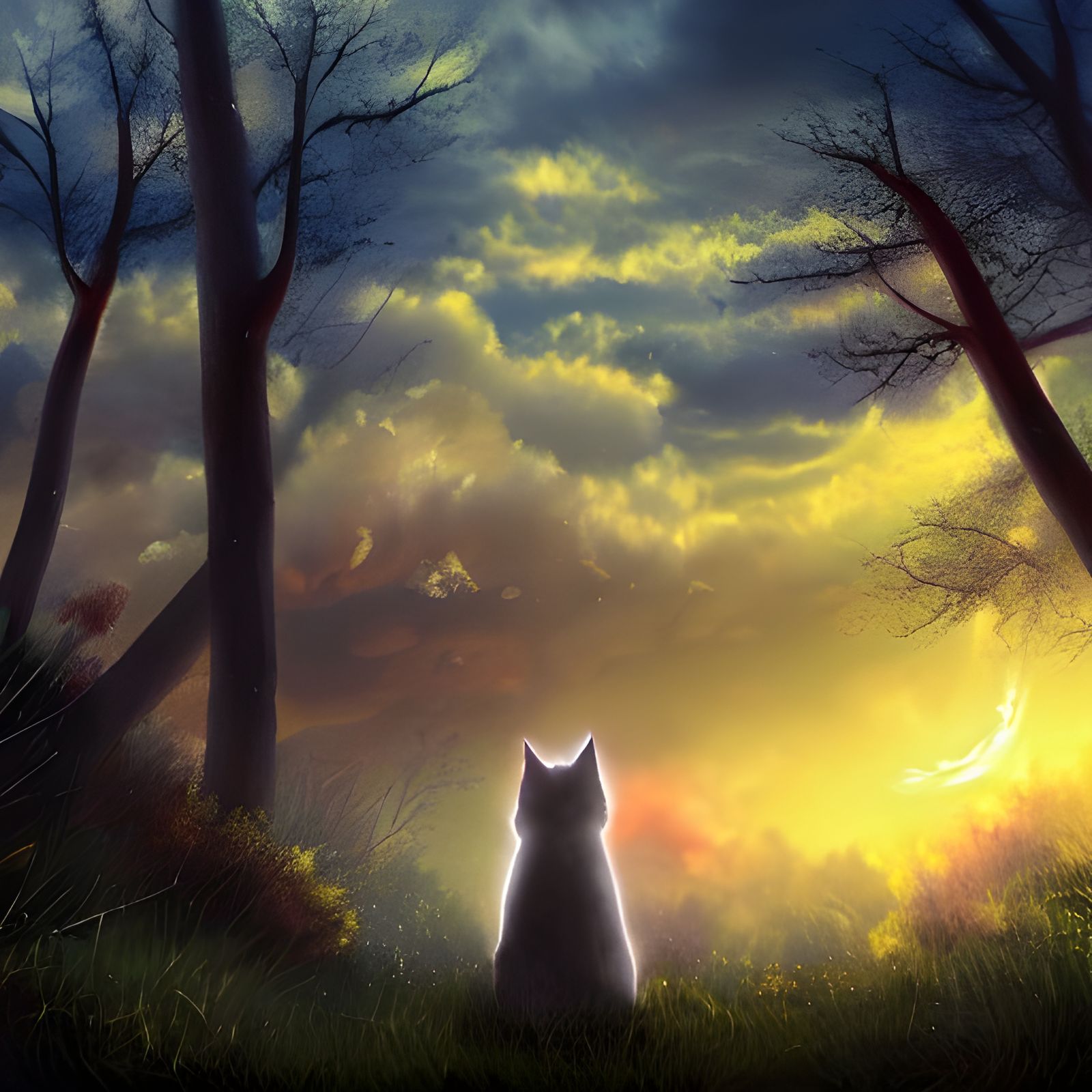Enchanted Forest Sunset with Cat Cloud: Digital Painting