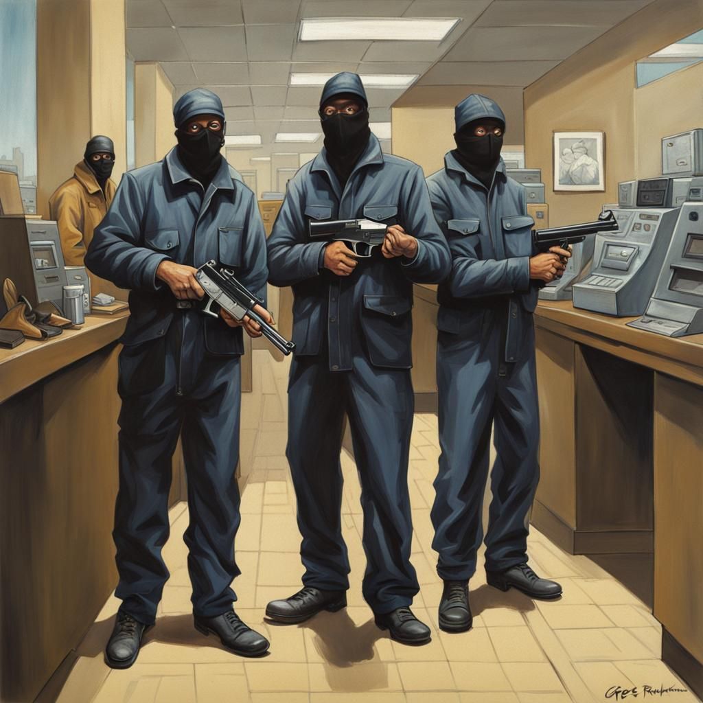 A gang of bank robbers stopping to pose for a group photo.