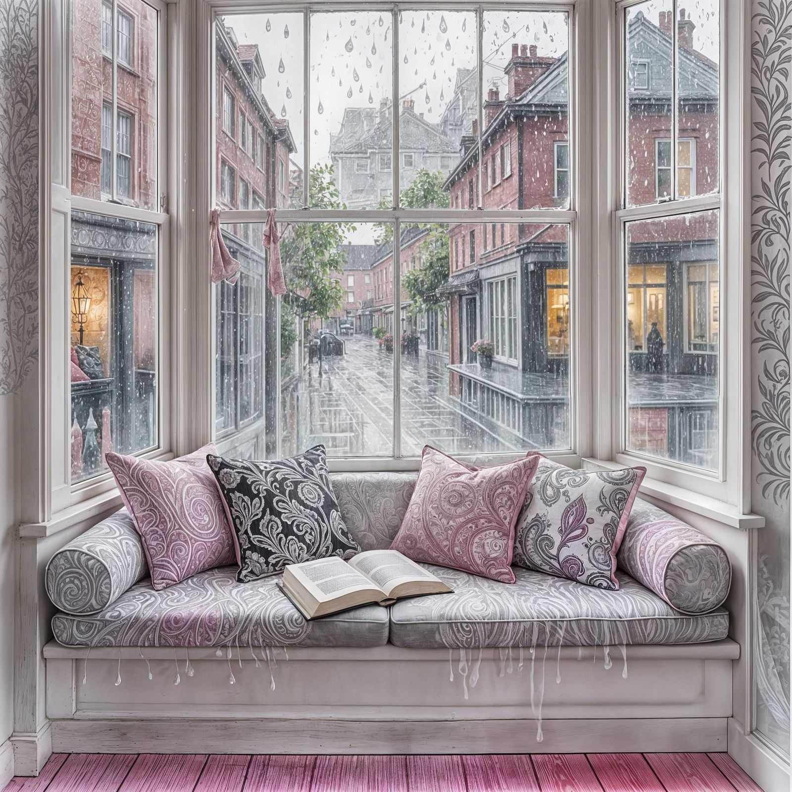 window seat piled with cushions overlooking a rainy street