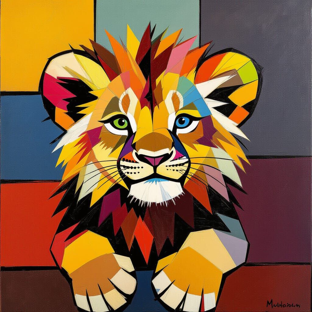 Playful Lion Cub in Abstract Expressionist Style