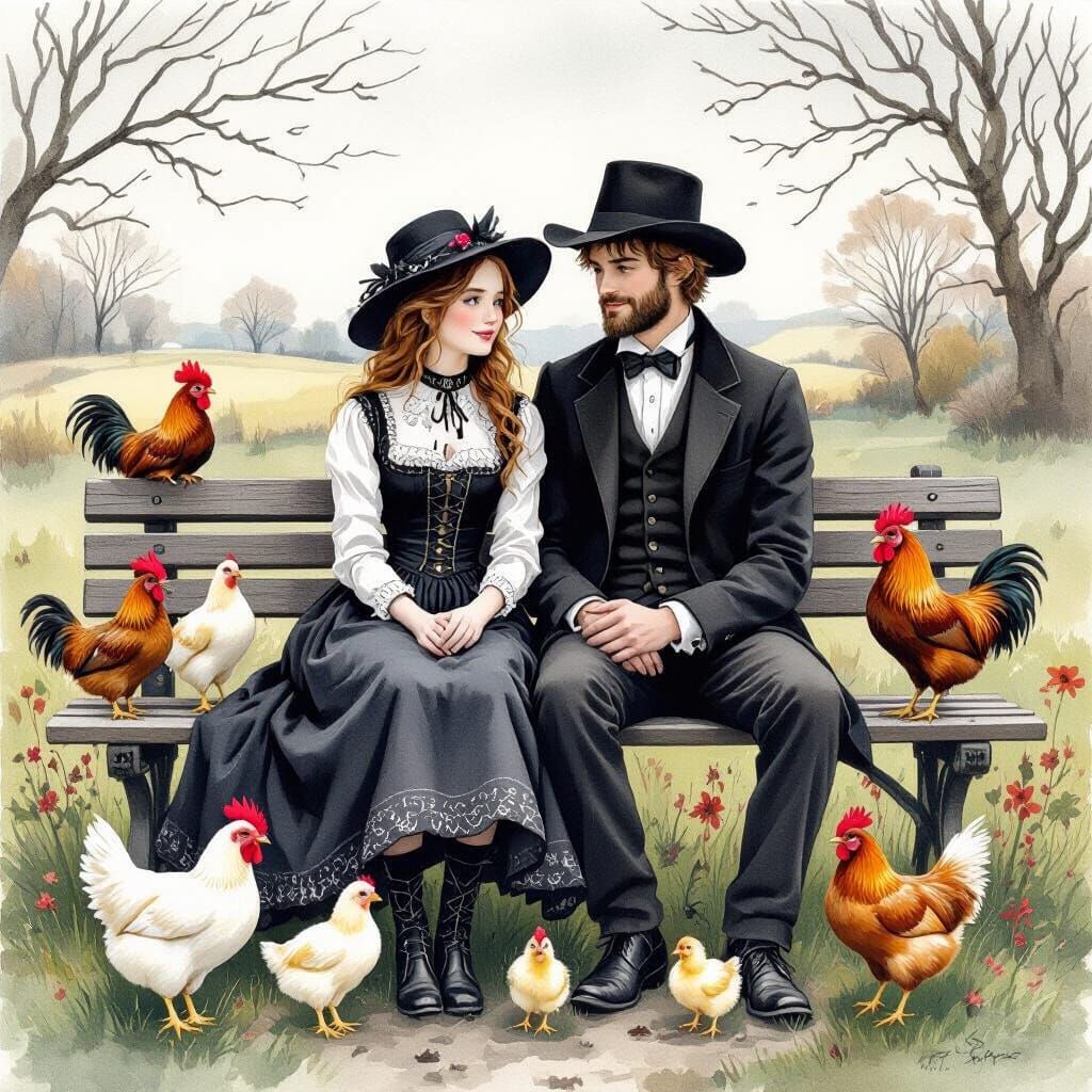 Gothic Farmers Surrounded by Poultry, Watercolor Style