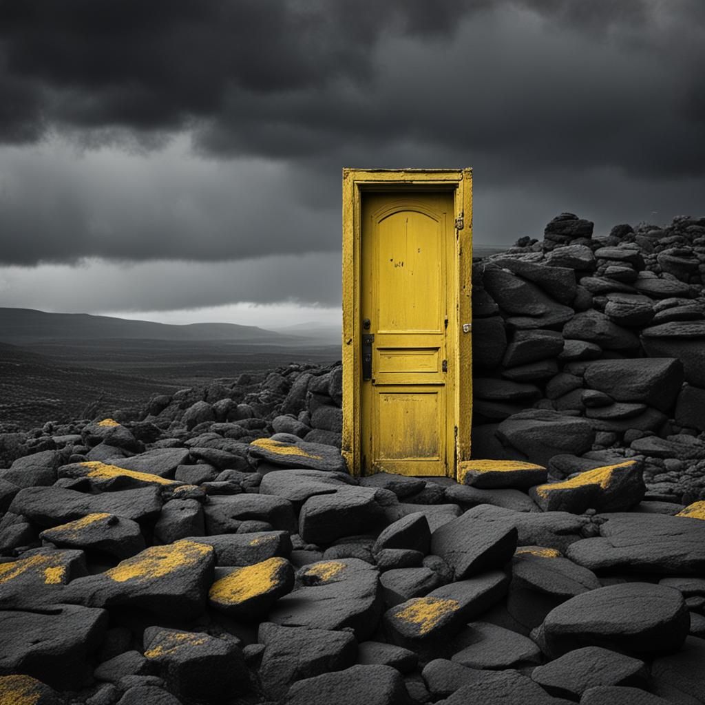 Solitary Yellow Door on Rocky Plateau