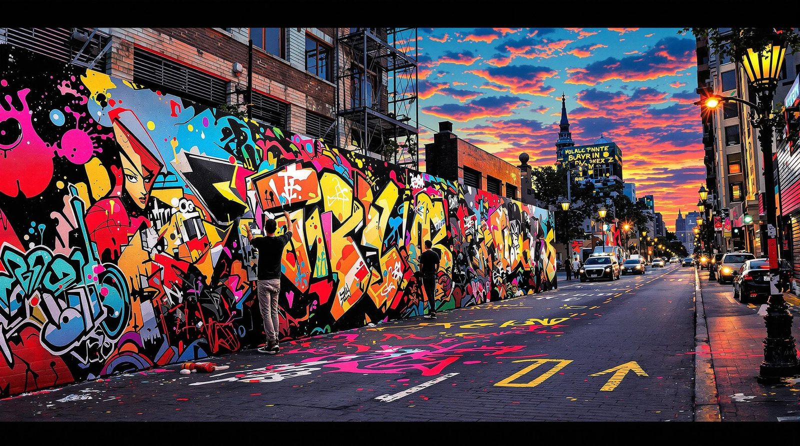 Surreal City Dreamscape in Vibrant Graffiti Style