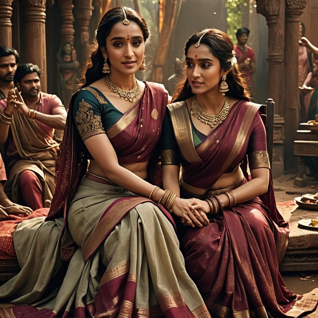 Woman in Saree: Detailed Matte Painting in Deep Color