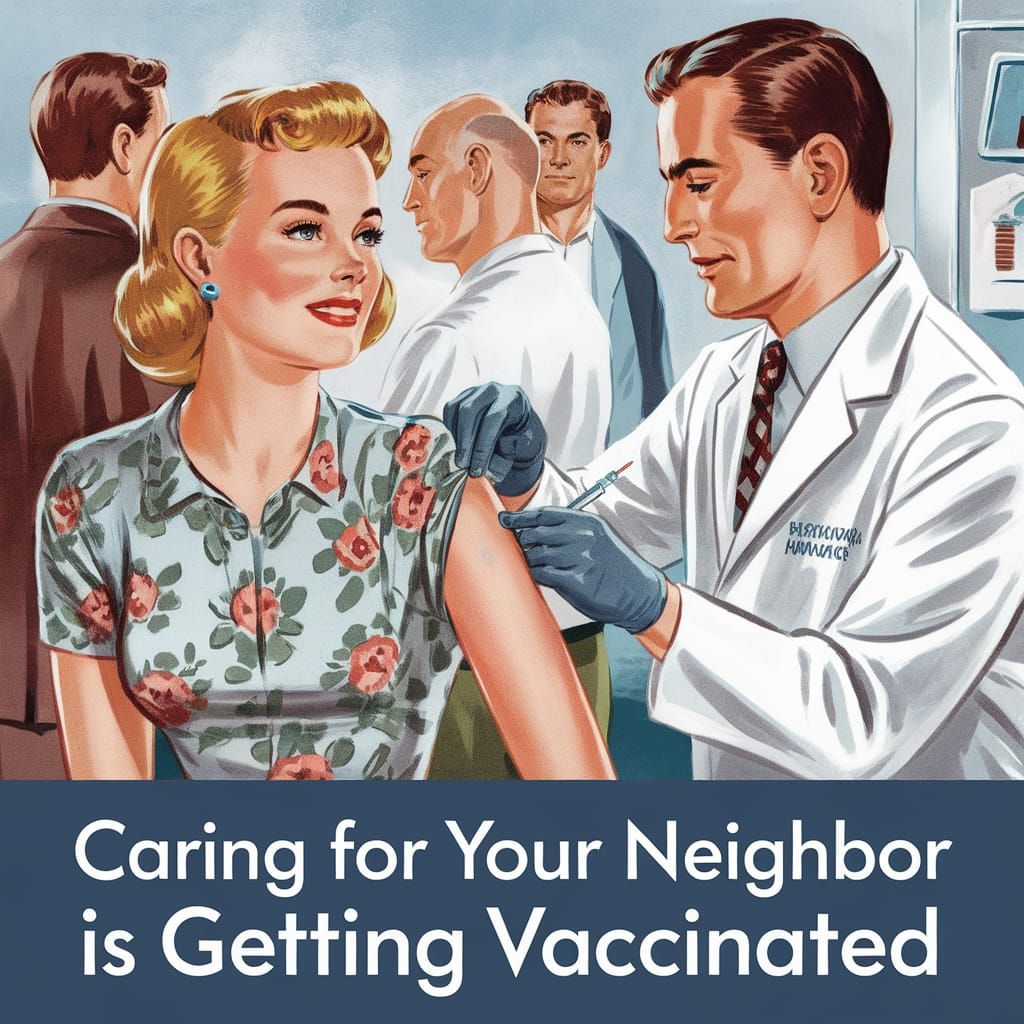 1950s illustation advertisement, text "Caring for your naghbor is getting Vaccinated "