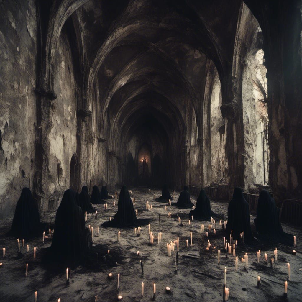 Macabre Occult Gathering Ritual Under Gothic Arches