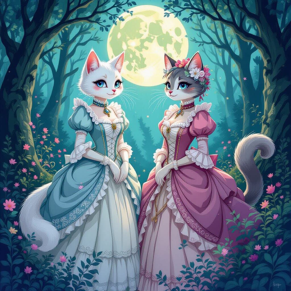 Victorian Cat Women in Moonlit Forest