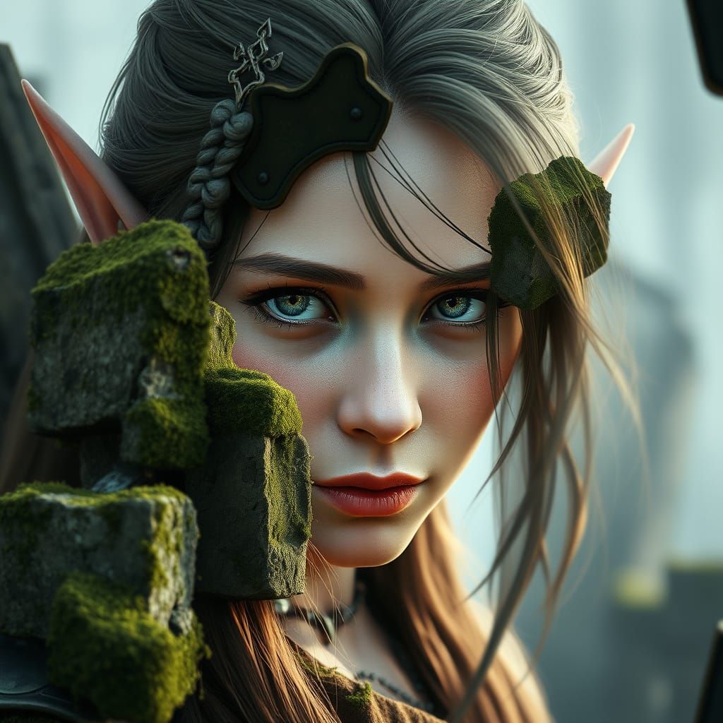 Mysterious Elven Archer in Ancient Ruin, Digital Painting