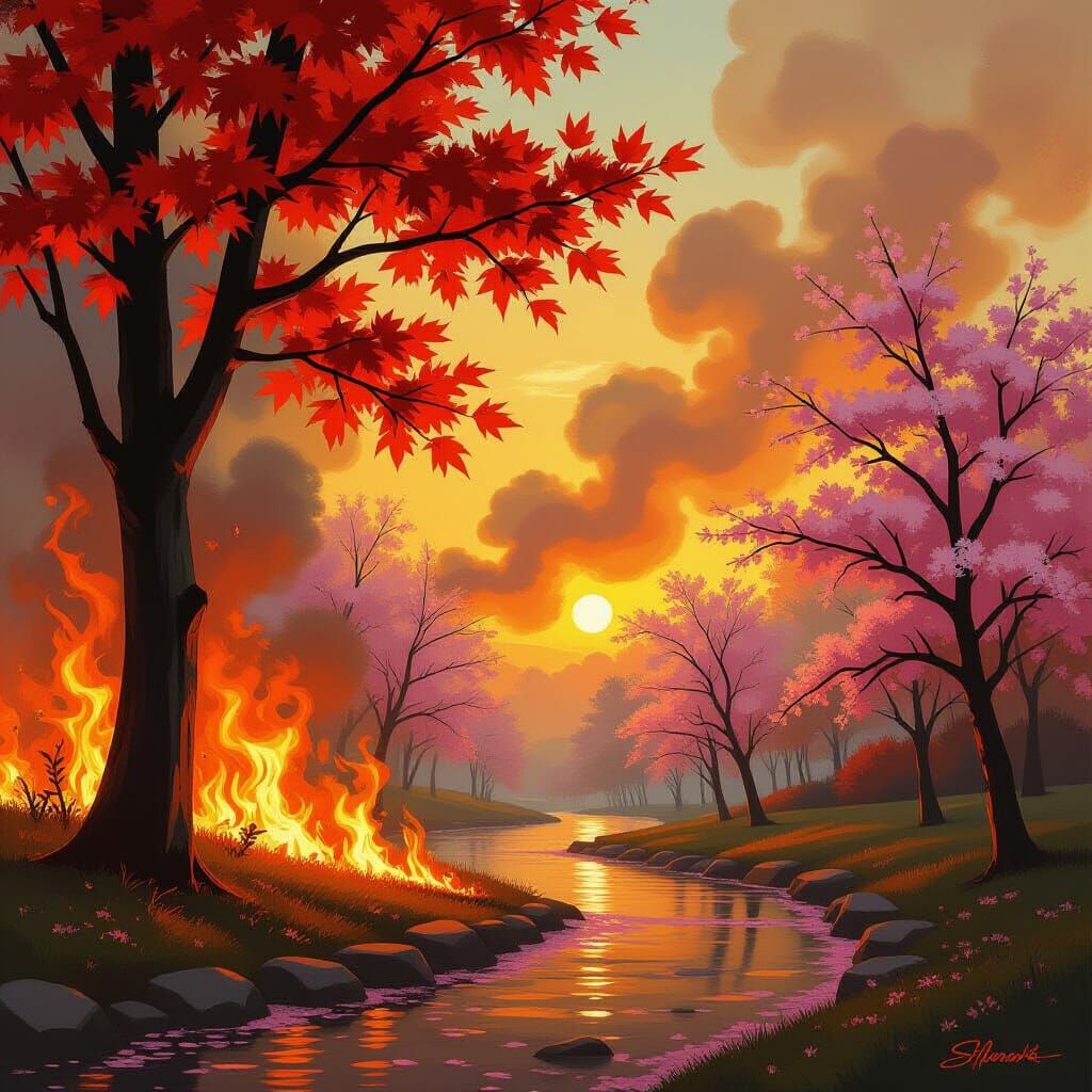 Maple and Cherry Trees Ablaze as Impasto Oil Painting