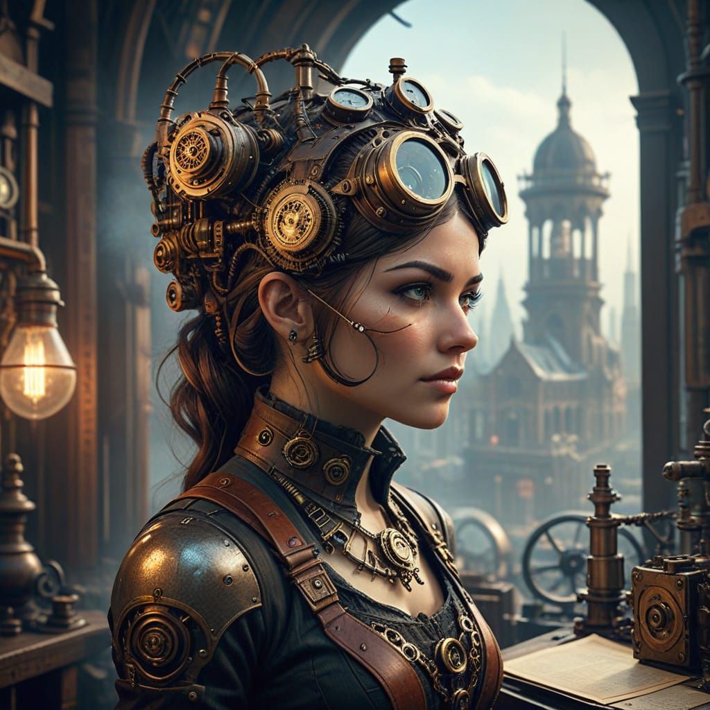 Steampunk Inventor Tinkering with Clockwork Device