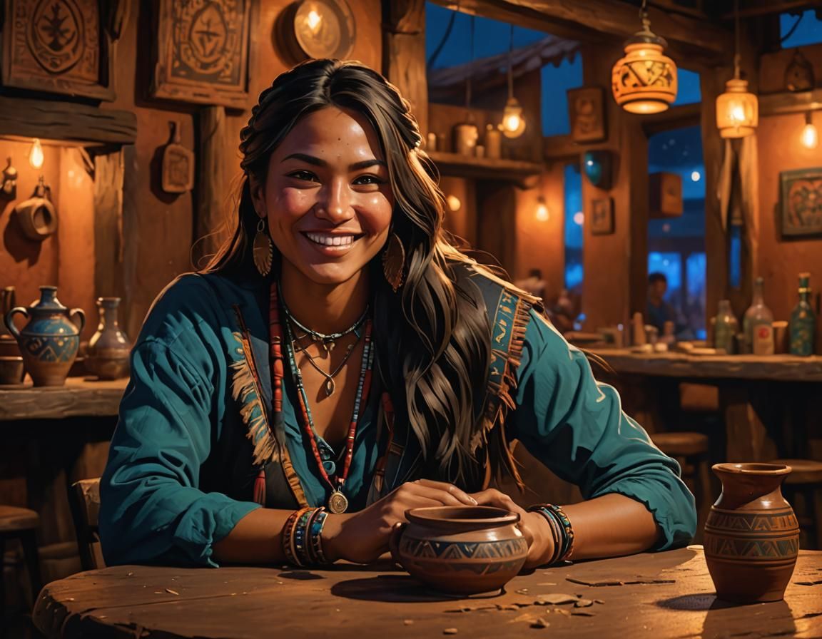 Smiling Native Woman in Pueblo Saloon: Hyperrealistic Art