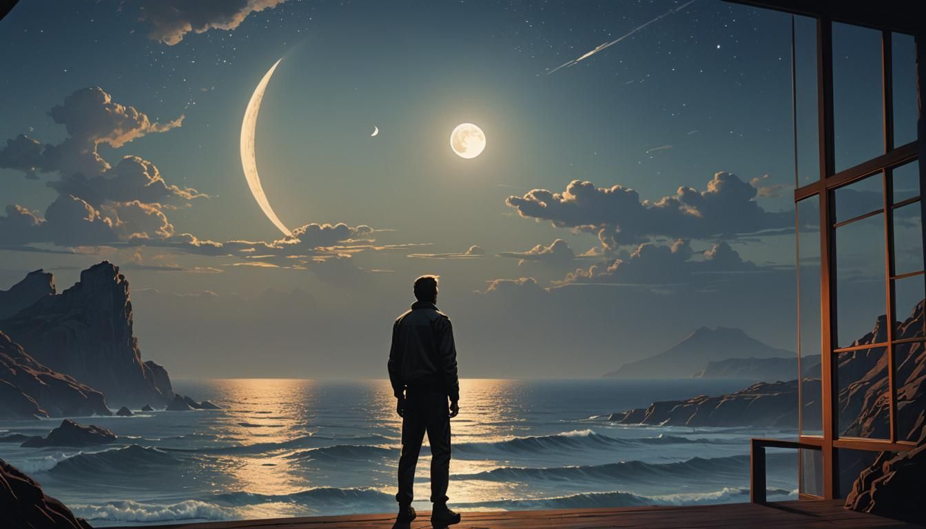 Moonlit Figure at Open Window: Cinematic Digital Art