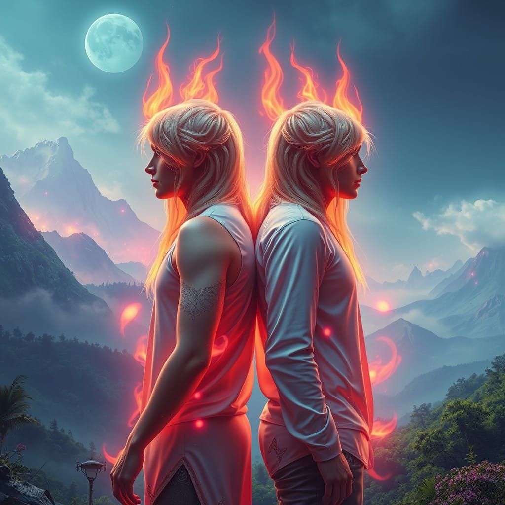 Ethereal Twin Flames Amidst a Surreal Landscape, in Neon-Lit...