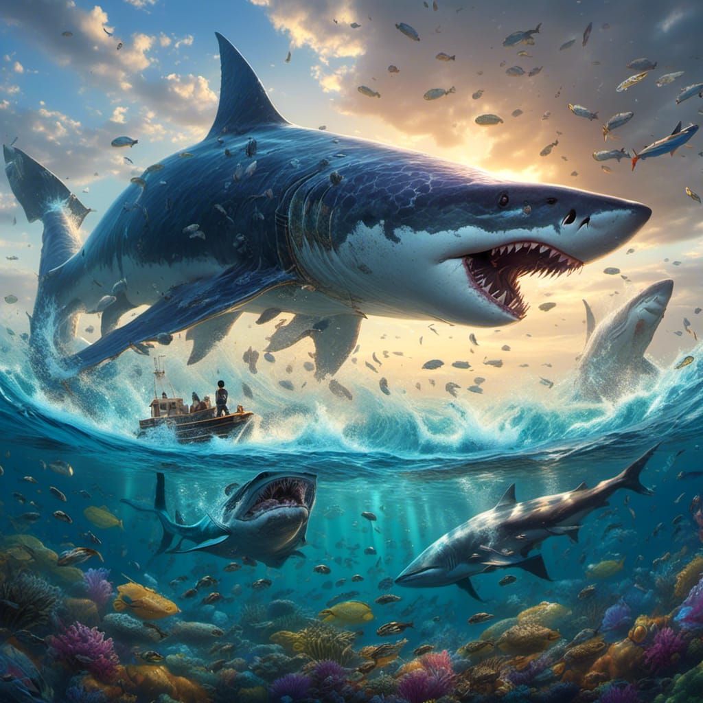 Gigantic Shark Swallowing Whale in Dark Fantasy Style