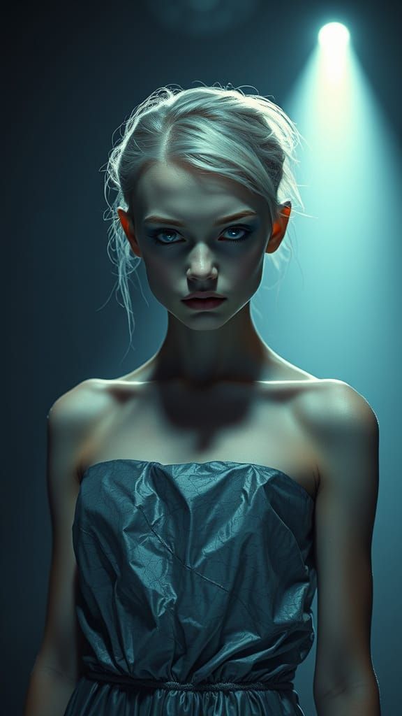 Cinematic Portrait of a Slender Girl in a Crumpled Silver Dr...